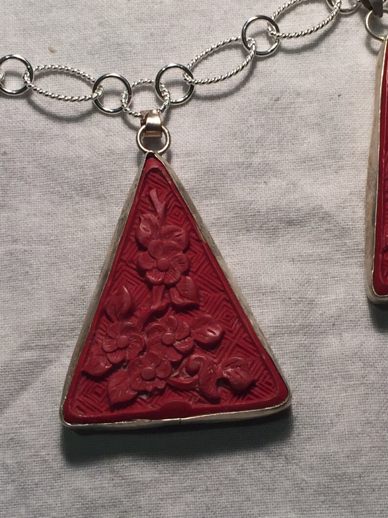 Vintage Handmade carved Cinnabar lacquer Silver Pendant