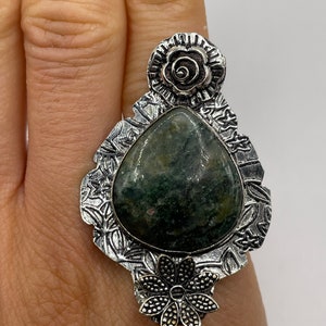 Vintage Green Agate Silver Cocktail Ring