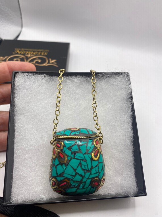 Bronze Mojo Bag Handmade Vintage Mosaic Gemstone Pendant Necklace