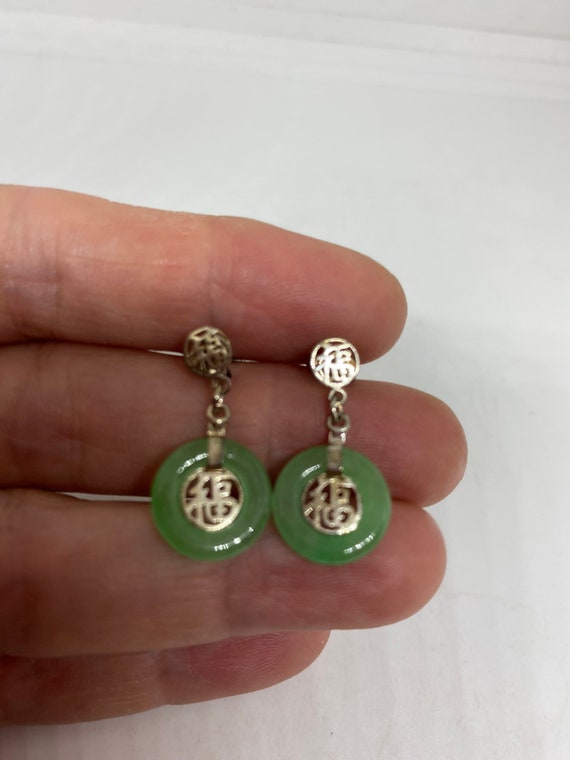 Vintage Fun Green Jade Gemstone Silver Earrings - image 3