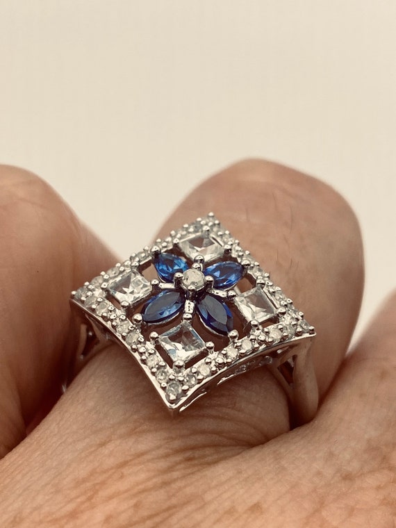 Vintage Blue Sapphire and White 925 Sterling Silv… - image 2