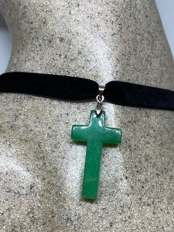 ヴィンテージファン 翡翠チョーカー 925スターリングシルバー クロス 