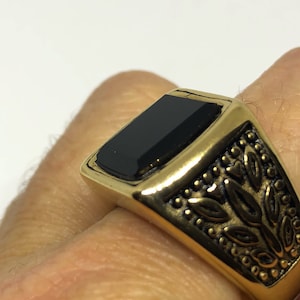 Vintage Gothic Gold Finished Stainless Steel Black Onyx Mens Ring