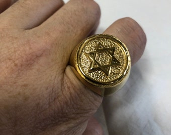 Vintage Golden Stainless Steel Star of David Mens Ring