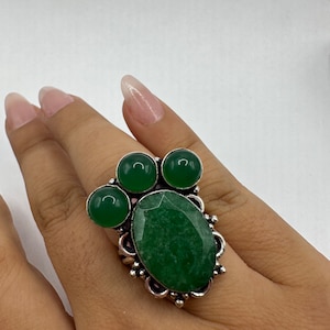 Vintage Green Raw Emerald Silver Bronze Statement Boho Ring