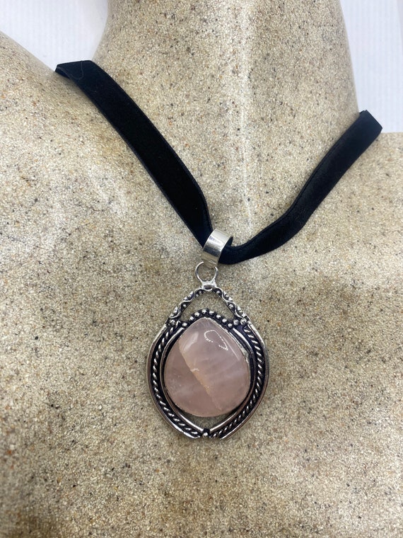 Vintage Handmade Silver Finish Rose Quartz Choker… - image 3