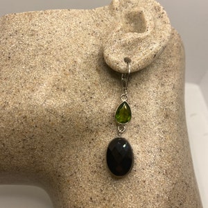 Vintage Black Onyx Green Peridot Earrings 925 Sterling Silver Deco Dangle Chandelier
