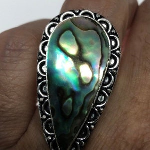 Vintage Green Abalone White Bronze Silver Cocktail Ring