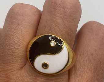 Bague homme vintage gothique Yin Yang en acier inoxydable doré