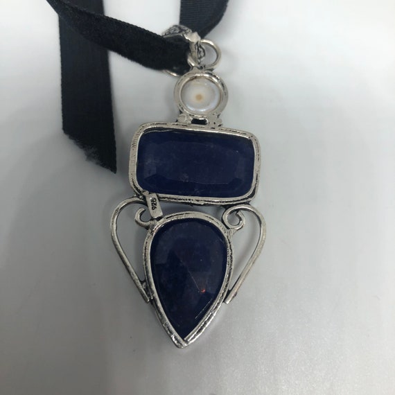 Vintage Raw Blue Sapphire and Pearl Choker Pendant - image 4