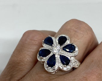 Vintage Handmade Deep Blue Sapphire and White 925 Sterling Silver Gothic Ring