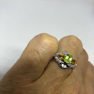 Vintage Handmade Genuine Green Peridot Filigree Setting 925 Sterling Silver Gothic Ring