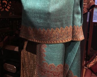 vintage Turquoise Brown Réversible Paisley Brocade Pashmina Écharpe Wrap Châle