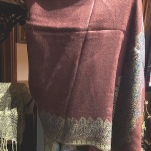 Vintage Burgundy Red Blue Paisley Brocade Pashmina Scarf Wrap