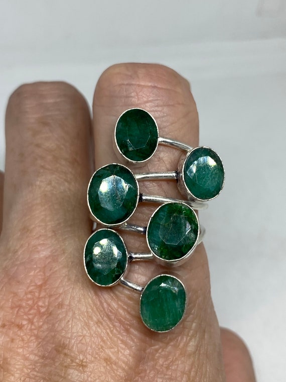 Antique Green Emerald Chrysopraise Silver Ring