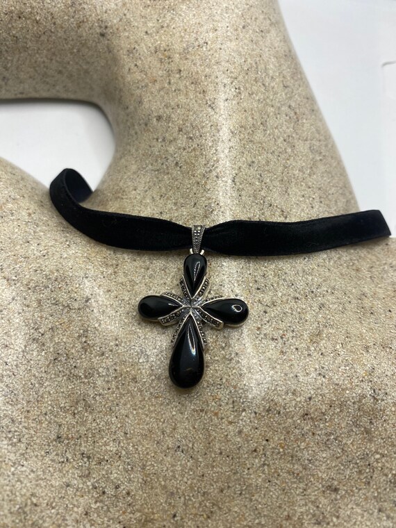 Vintage Black Onyx Marcasite Cross Choker 925 Ste… - image 2