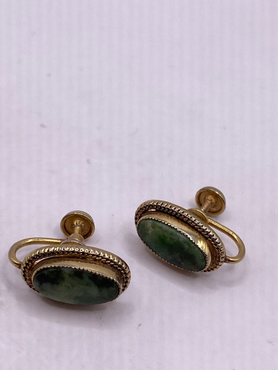 Vintage Genuine Green Jade Gold filled Screw Back… - image 4