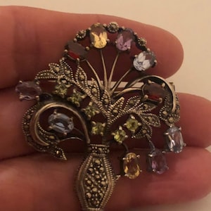 Vintage Handmade Genuine Gemstone Marcasite 925 Sterling Silver Brooch