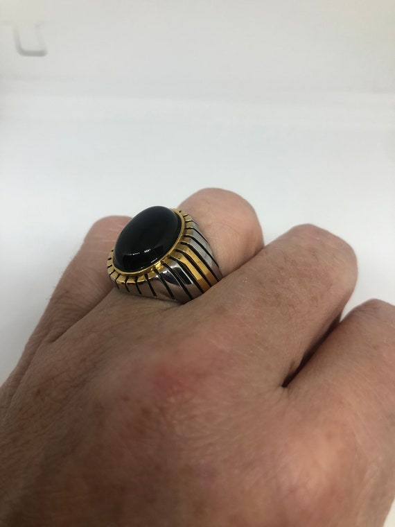 Vintage Gothic Black Onyx Gold Accent Stainless S… - image 1