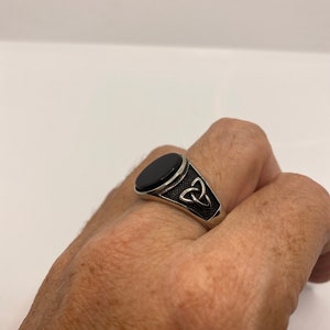 Vintage Celtic Black Onyx Stainless Steel Mens Ring