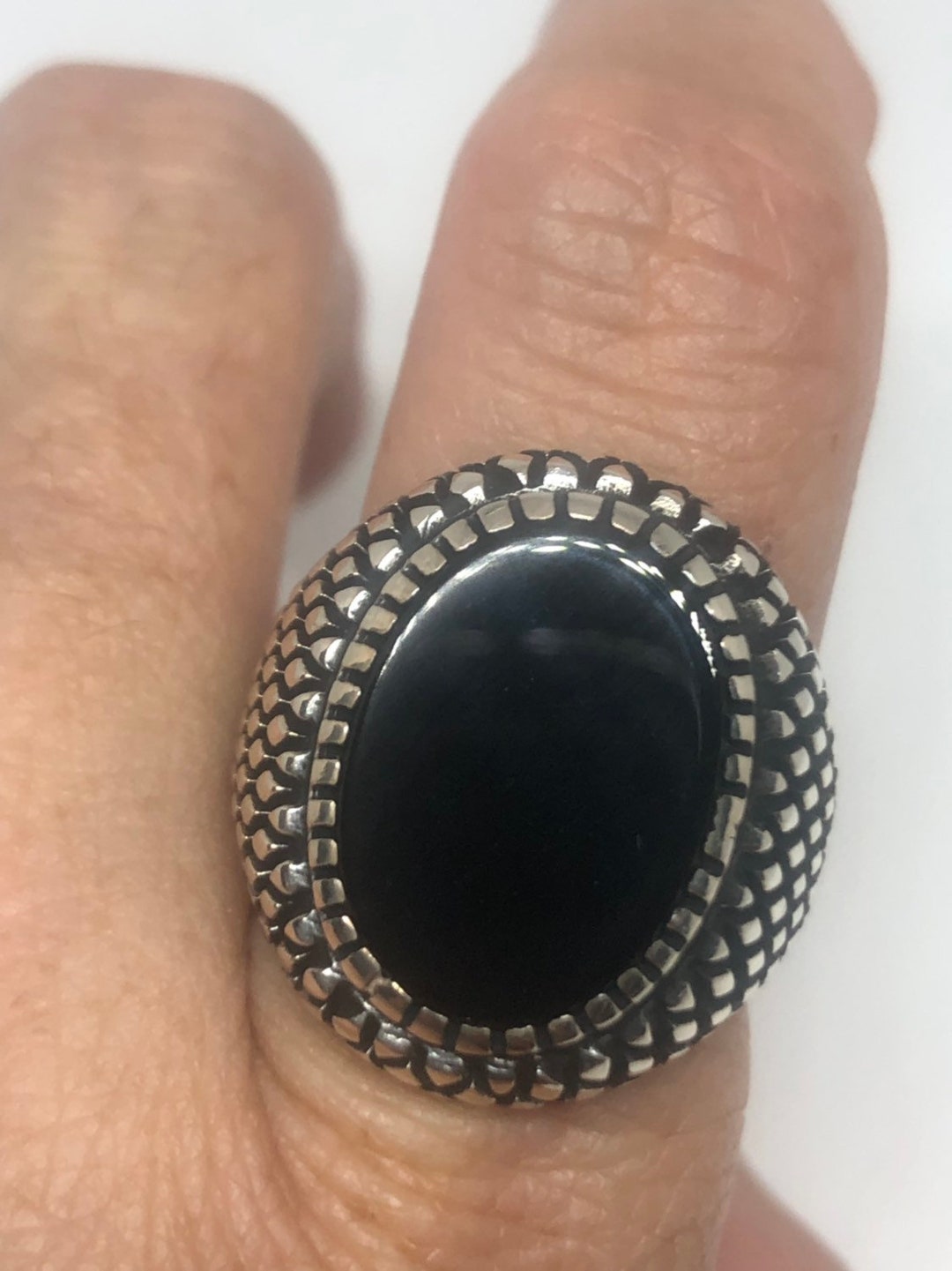 Anello Vintage Argento 925 Con Onice Nera - Gioiello Gotico Regolabile - Fatto In Cina