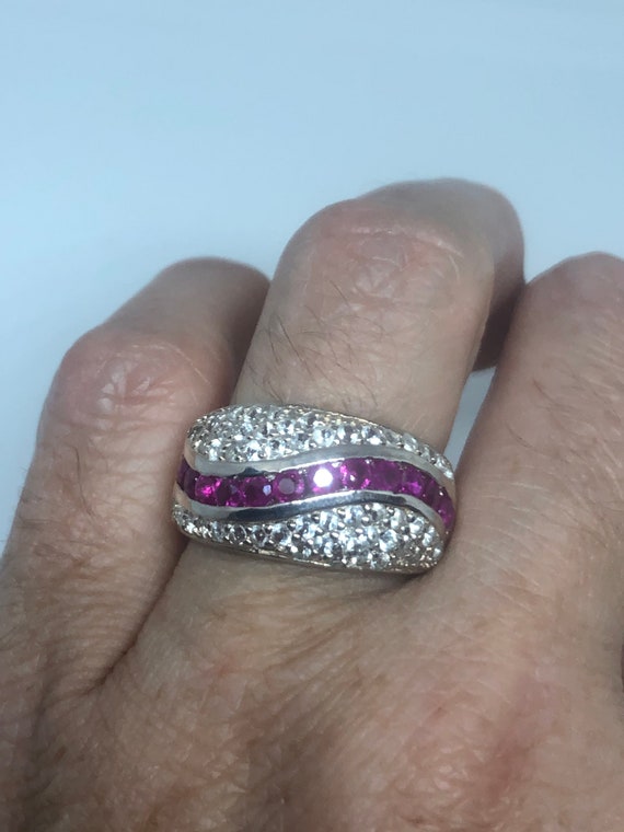 Vintage Pink Ruby 925 Sterling Silver Band Ring - image 1