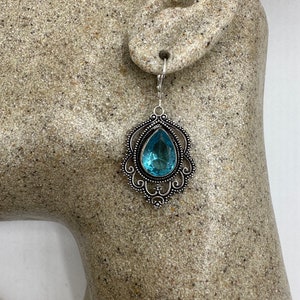 Antique Vintage Aqua Blue Volcanic Glass Silver Dangle Earrings