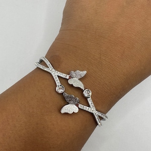 Vintage Butterfly Bangle Bracelet 9k White Gold filled Crystal
