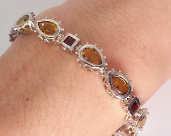 Vintage Citrine Garnet Tennis Bracelet in 925 Sterling Silver