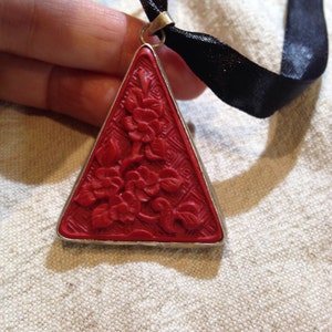 Vintage Handmade Carved Cinnabar Lacquer  Silver Pendant