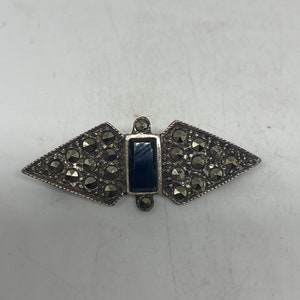 Vintage Black Onyx Pin Marcasite 925 Sterling Silver Brooch
