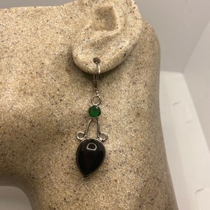 Vintage Black Onyx Green Peridot Earrings 925 Sterling Silver Deco Dangle Chandelier
