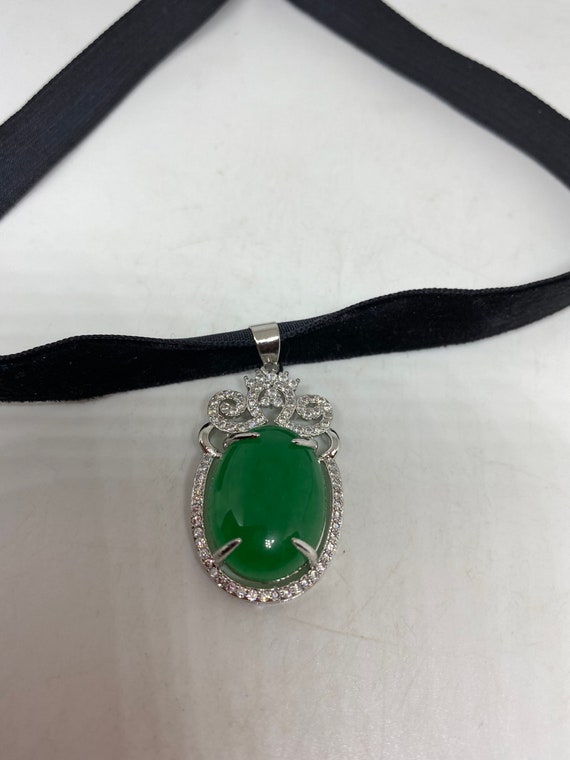 Vintage Green Jade Choker  Silver Finish Necklace… - image 4