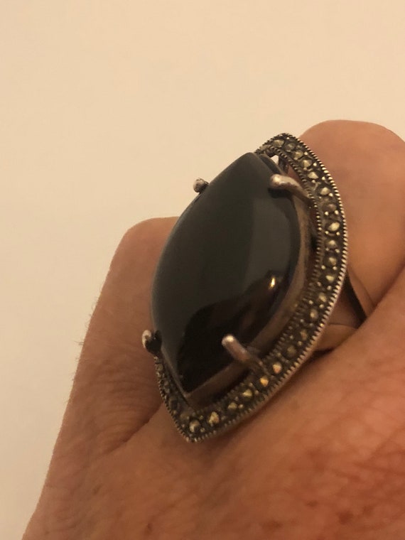 Vintage Genuine Black Onyx Silver Marcasite Ring