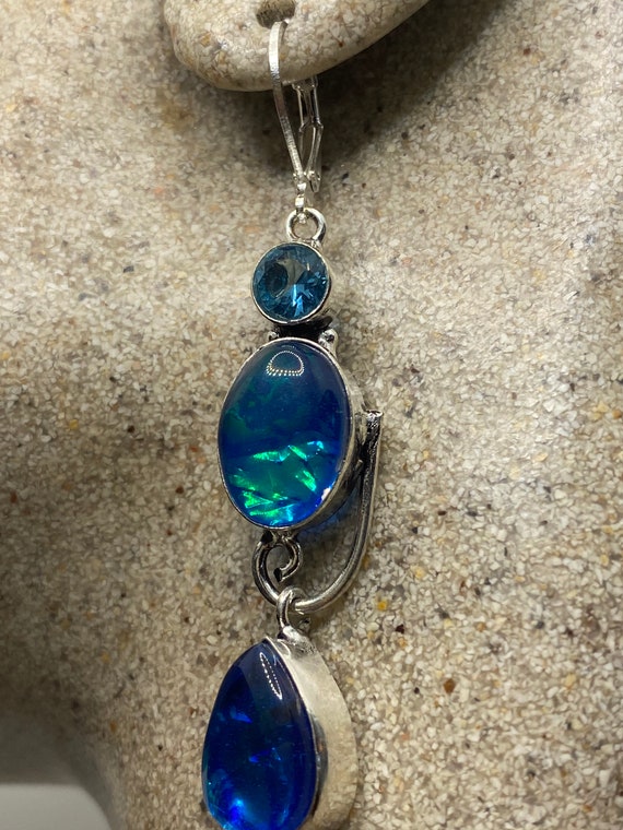 Vintage Blue Butterfly Wing Glass Earrings 925 St… - image 2