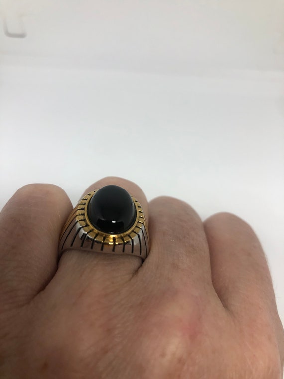 Vintage Gothic Black Onyx Gold Accent Stainless S… - image 3
