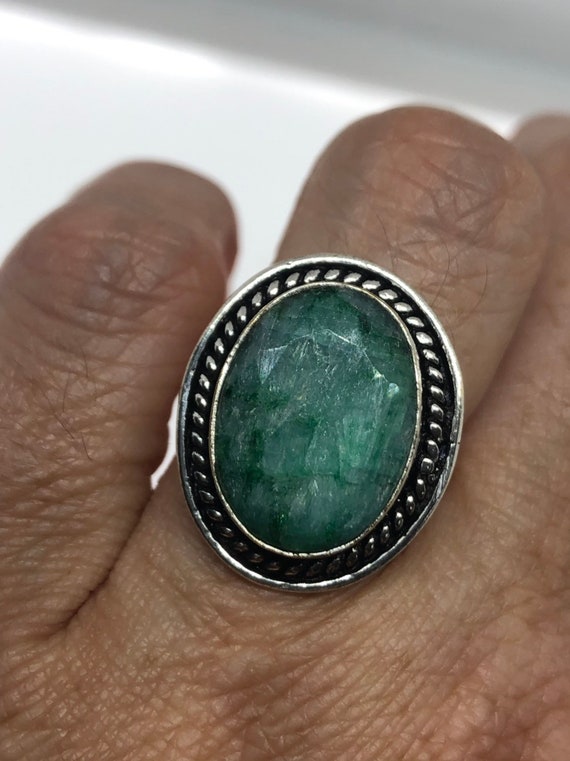 Vintage Green Raw Emerald Silver Bronze Statement… - image 5