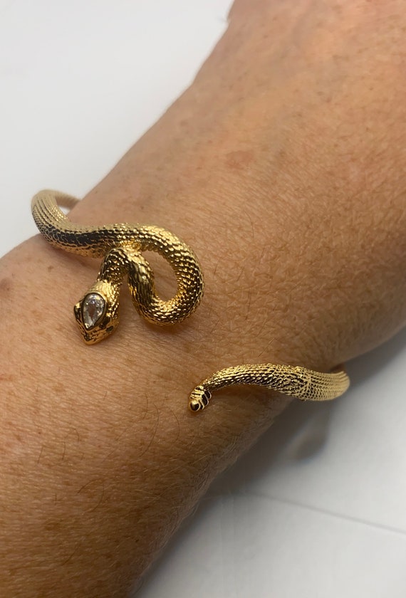 Vintage Snake Bangle Bracelet Gold Filled Green C… - image 3