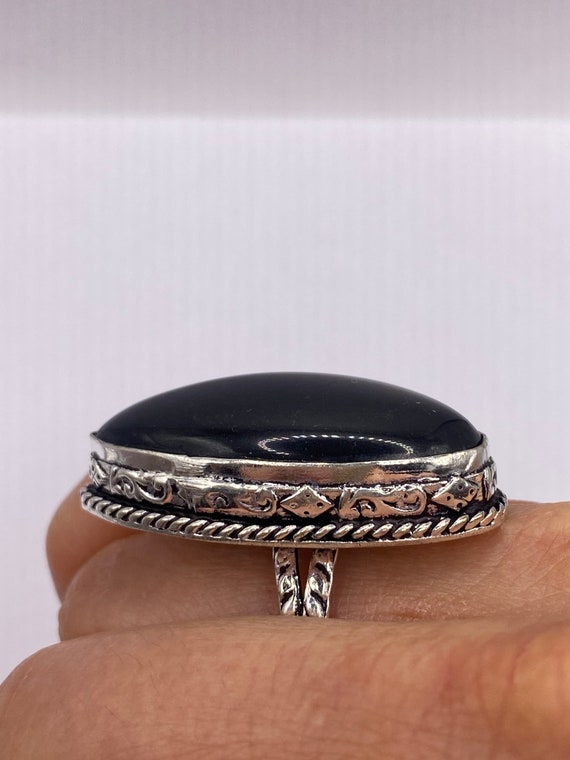 Vintage Black Onyx Silver Cocktail Ring Size 6.5 - image 6