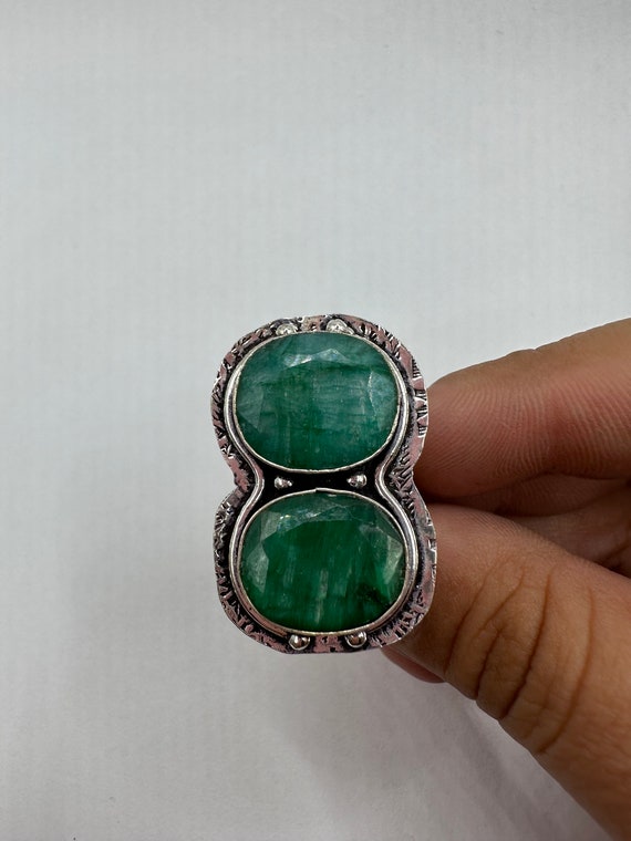 Vintage Green Raw Emerald Silver Bronze Statement… - image 4