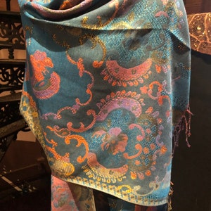 Golden Vintage Blue Green Gold Metallic Paisley Brocade Pashmina Scarf Wrap