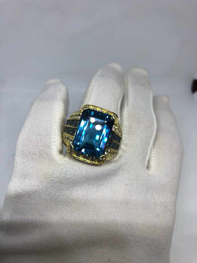 Vintage geniune London blue topaz White Sapphire Golden 925 sterling silver Ring