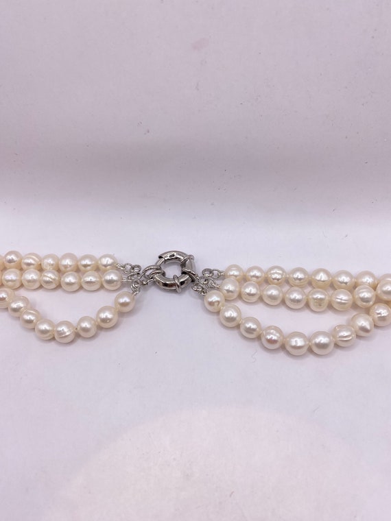 Vintage Hand Knotted White Pearl 3 Strand Necklace - image 4