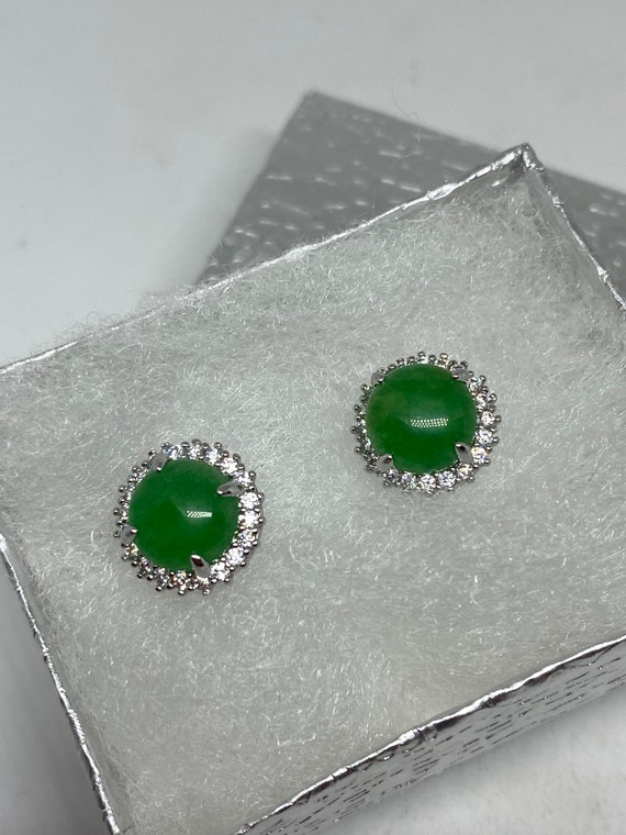 Vintage Green Jade Earrings Stud Button - image 9