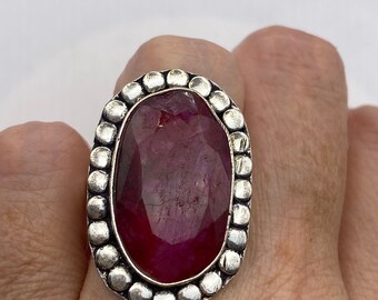Vintage Raw Pink Ruby Silver Boho Cocktail Ring