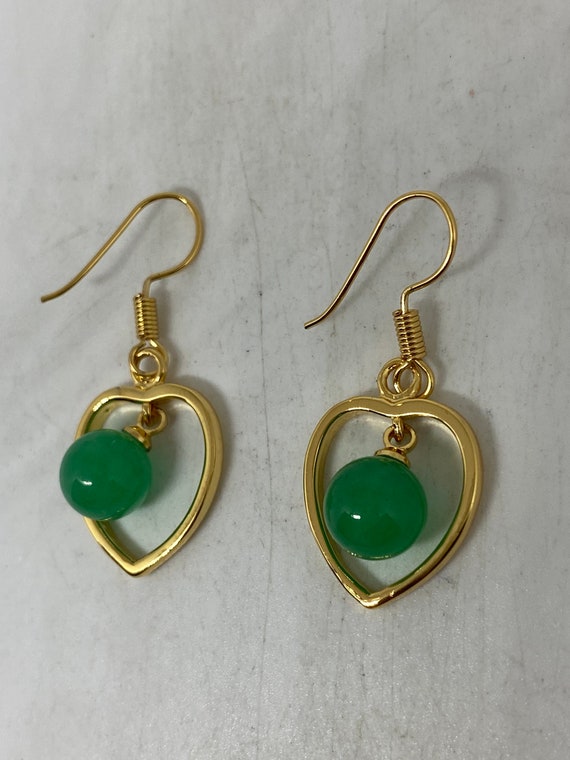 Vintage Fun Green Jade Heart Gemstone Gold Rhodiu… - image 2