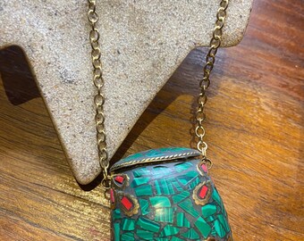 Bronze Mojo Bag Handmade Vintage Mosaic Gemstone Pendant Necklace
