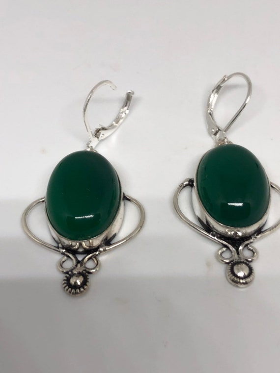 Antique Vintage Green Chrysoprase Silver Dangle Ea