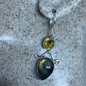 Vintage Labradorite Citrine Silver Dangle Lever Back Earrings