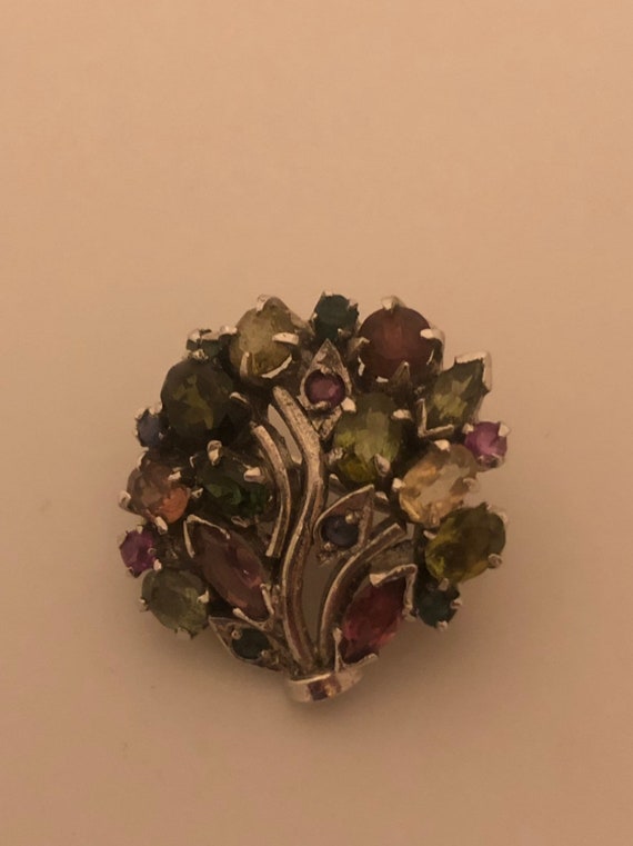 Vintage Genuine Mixed Gemstone 925 Sterling Silver Rhodium Brooch